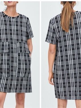 Zara Black and White Plaid Short Sleeve Shift Dress